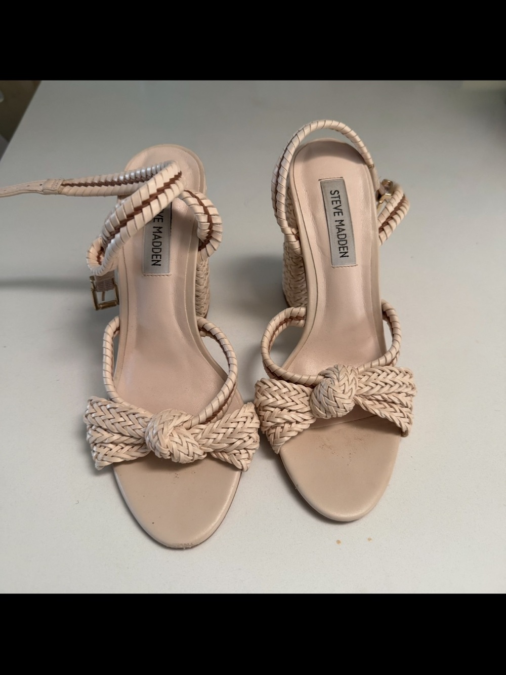 Steve Madden Ivory Woven Bow Ankle Wrap Block Heel Sandals
